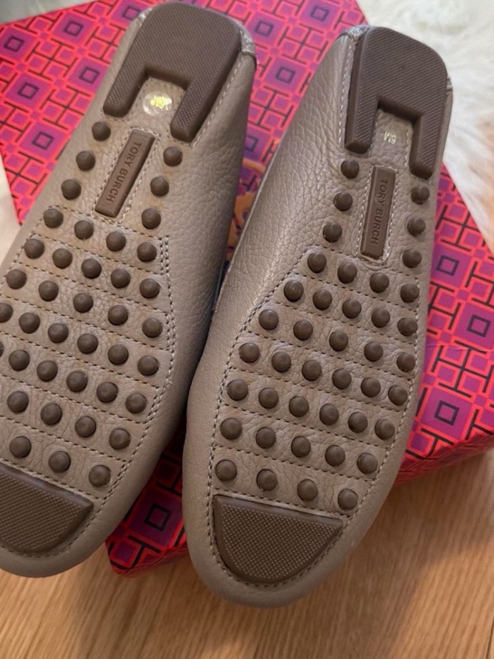 Tory Burch Taupe Leather Logo Driving Loafers - Picture 3 of 4